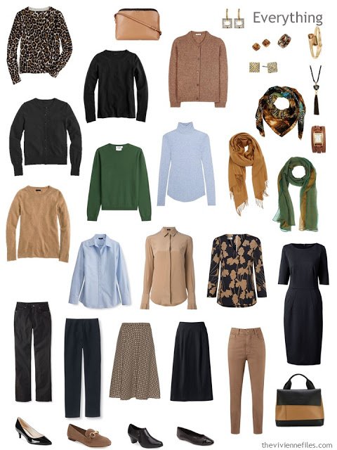 Capsule wardrobe in a brown, green, and blue color palette, inspired by art: Portrait of Marevna by Diego Rivera