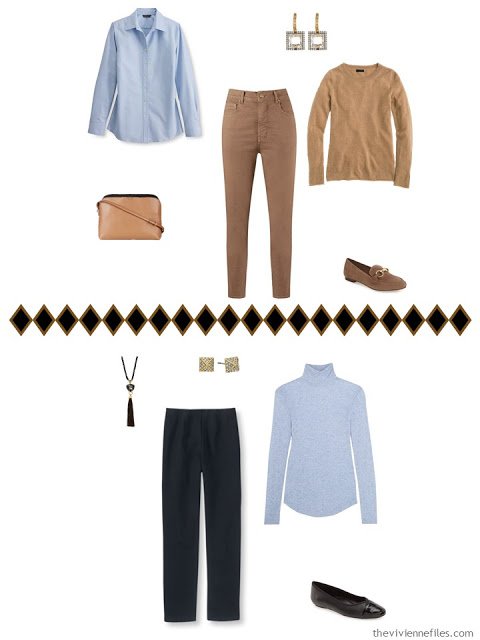 Capsule wardrobe in a brown, green, and blue color palette, inspired by art: Portrait of Marevna by Diego Rivera