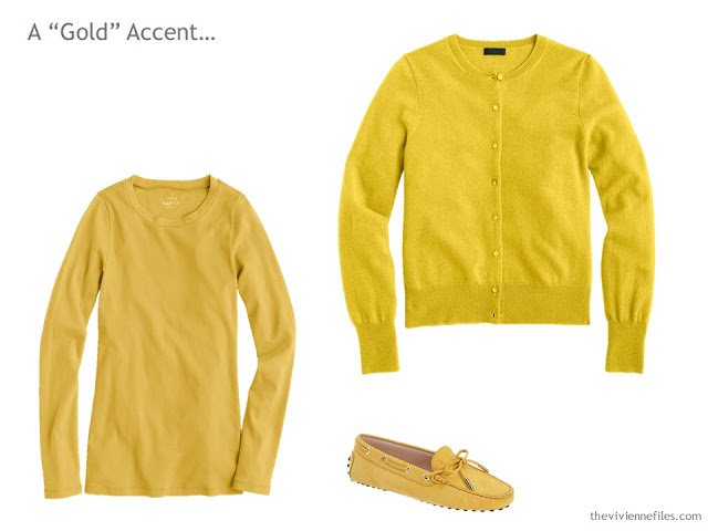 A tee shirt, cardigan and pair of loafers in mustard/gold