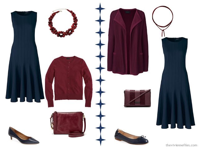 Two ways to wear a navy dress with burgundy or maroon accents