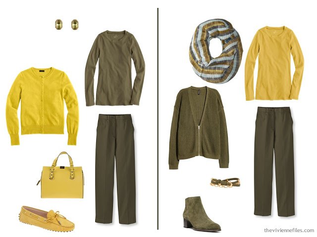 Wearing mustard and olive green together - 2 ideas