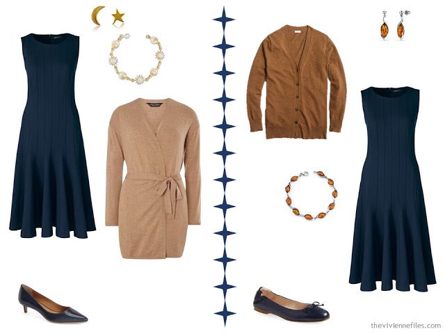 Two ways to wear a navy dress with camel or tan accents