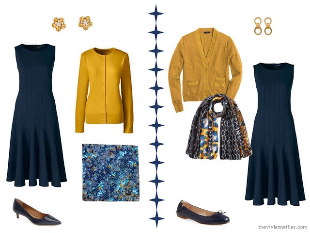 Two ways to wear a navy dress with gold or mustard accents