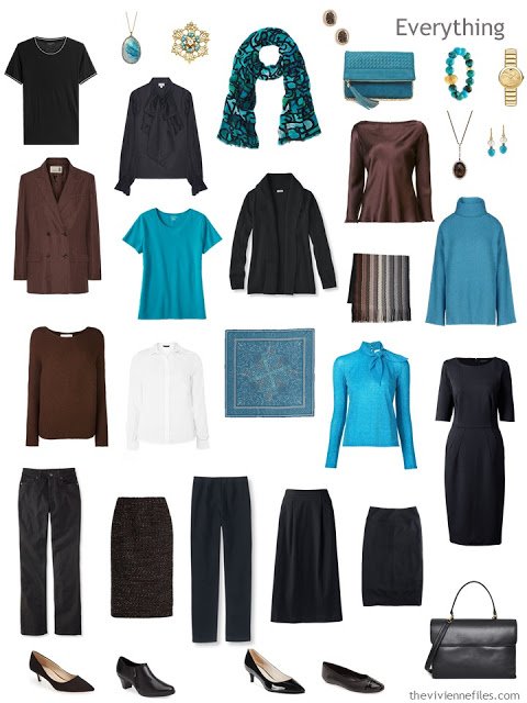 a travel capsule wardrobe in black, brown, blue and white