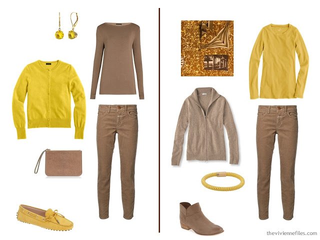 How to wear bright gold and brown together - 2 ideas