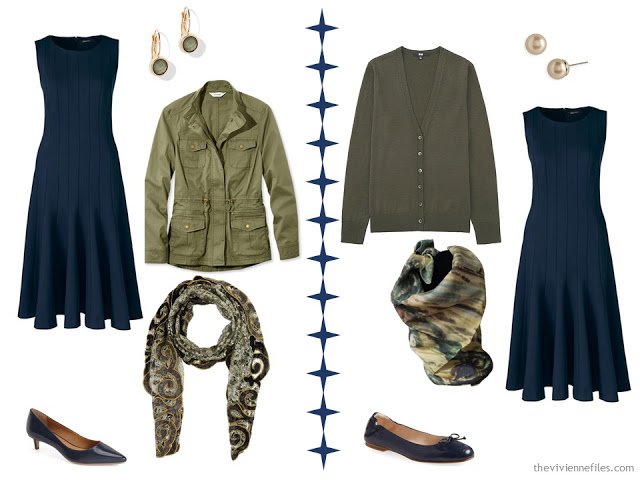 Two ways to wear a navy dress with olive or moss green accents
