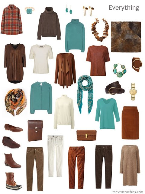 Capsule wardrobe in a brown, and turquoise color palette, inspired by art: Spirit of Autumn by Albert Pinkham Ryder