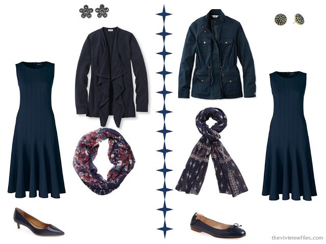 Two ways to wear a navy dress with matching navy accessories
