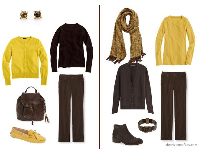 Wearing brown and gold together - two ideas