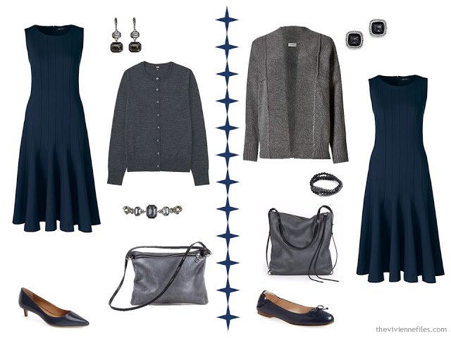 Two ways to wear a navy dress with charcoal or dark grey accents
