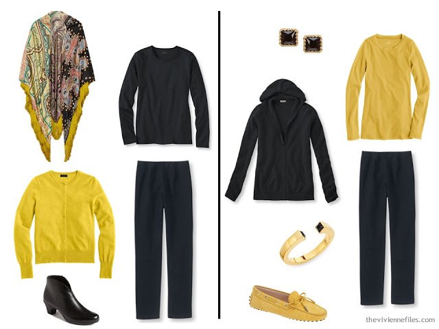 Wearing black and mustard together - two ideas