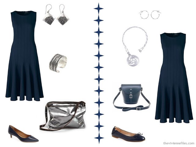 Two ways to wear a navy dress with silver accessories