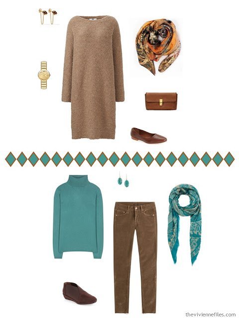 Capsule wardrobe in a brown, and turquoise color palette, inspired by art: Spirit of Autumn by Albert Pinkham Ryder