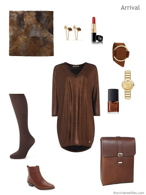 travel tunic and tights, with accessories, in shades of brown