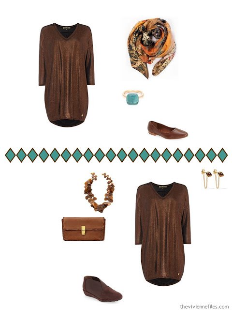 two ways to accessorize a bronze metallic tunic dress