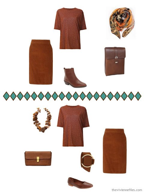 two ways to accessorize a russet tee shirt and skirt