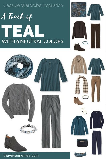 Capsule wardrobe colour palette inspiration - a touch of teal with 6 neutral colors