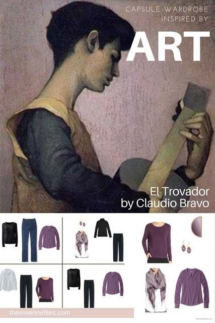 Capsule wardrobe color palette in grey and purple inspired by art: El Trovador by Claudio Bravo