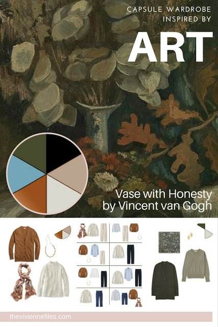 Capsule wardrobe color palette in olive and rust inspired by Art: Vase with Honesty by Vincent van Gogh