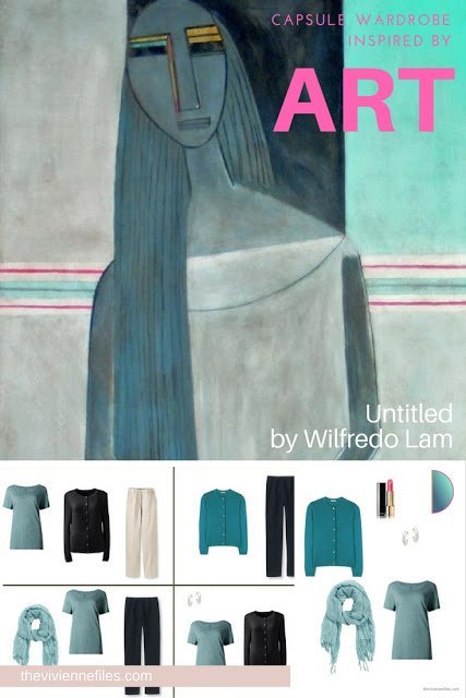 Capsule wardrobe color palette in grey and teal, inspired by Art: Untitled by Wilfredo Lam