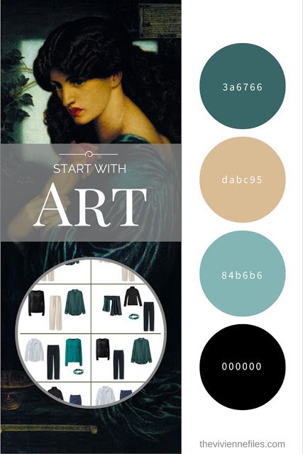 Capsule wardrobe color palette in peach and teal inspired by Art: Proserpine by Dante Gabriel Rossetti