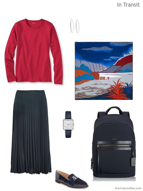 a travel outfit in navy and red