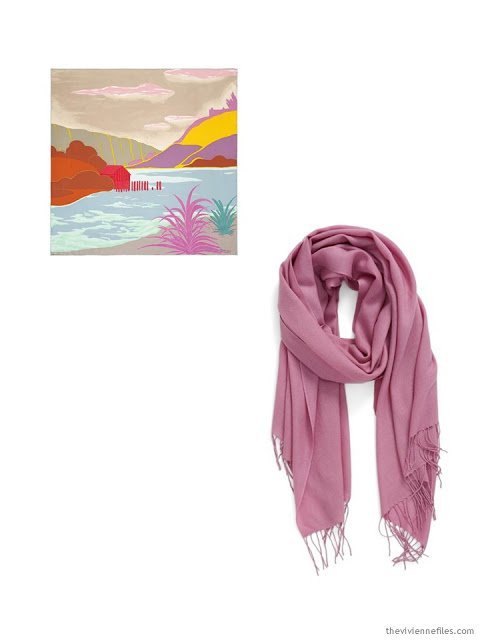two classic scarves, in sand, orange and rose