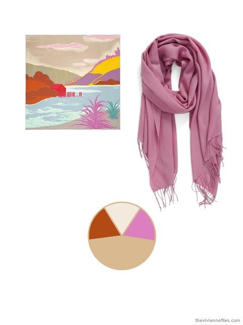 two classic scarves, in sand, orange and rose, and a color palette based upon them