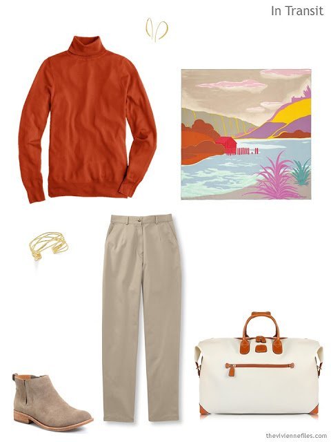 a travel outfit in sand and deep orange