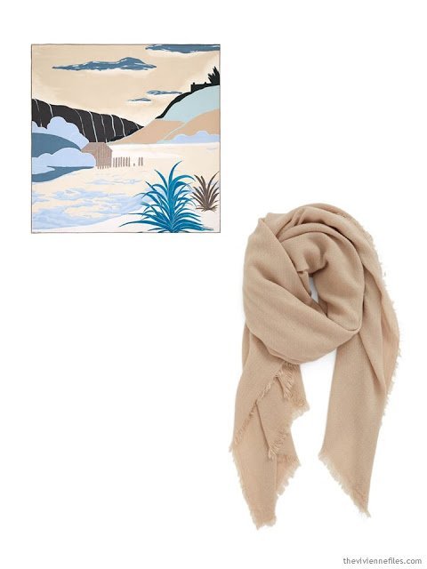 two scarves in black, sand and teal