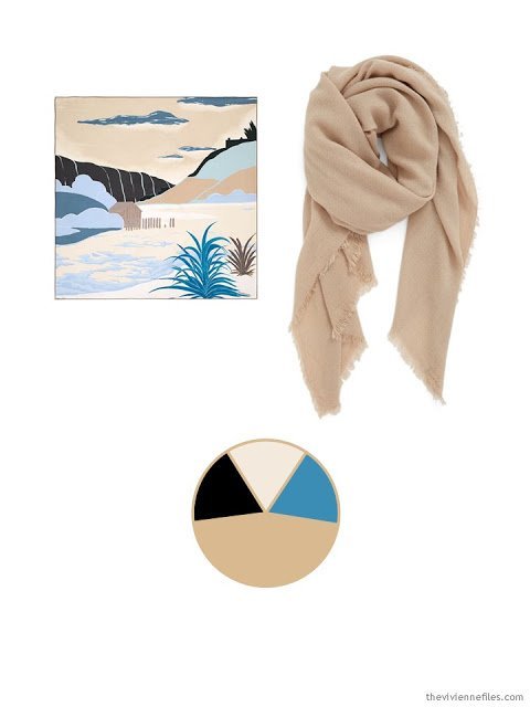 two scarves in black, sand and teal, and the color palette drawn from them
