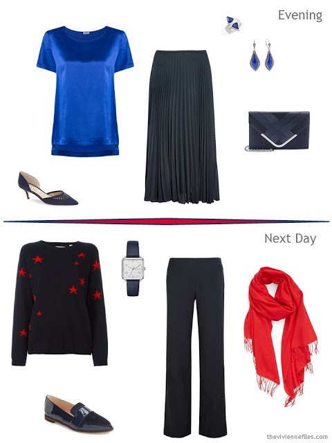 2 outfits taken from a Tote Bag Travel plan in blue, white and red