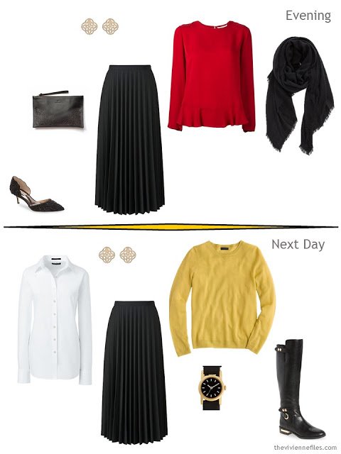 two outfits from a classic overnight packing plan in black, red and yellow