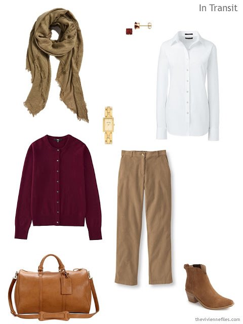 a travel outfit in camel, burgundy and white