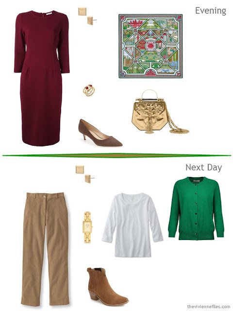 2 outfits taken from a Tote Bag Travel plan in Camel, Green and Burgundy