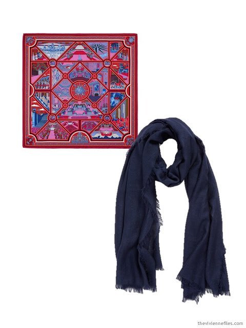 two scarves, in navy, red, hot pink and white