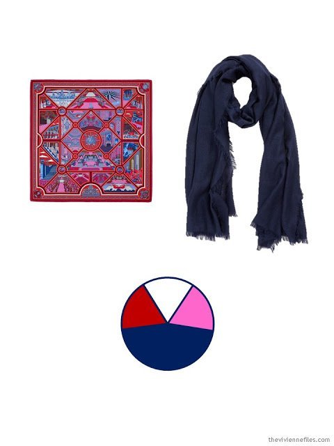 two scarves, in navy, red, hot pink and white, and the color palette based upon them