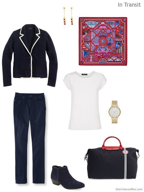 a classic travel outfit in navy and white, with an Hermes scarf