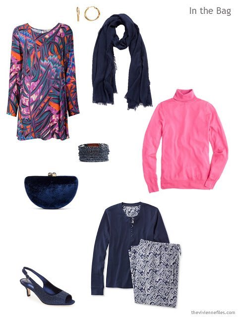 What to pack for an overnight trip, in navy, hot pink and white in a travel capsule wardrobe