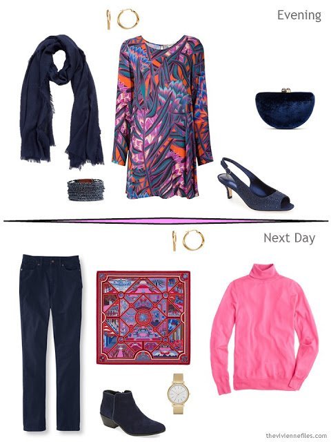 2 outfits taken from a classic overnight packing plan in a travel capsule wardrobe