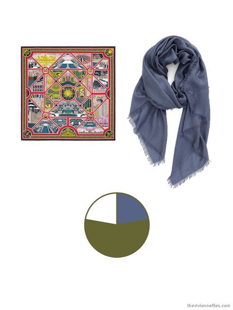 two classic scarves, in denim, ivory, and olive, and a color palette based upon them