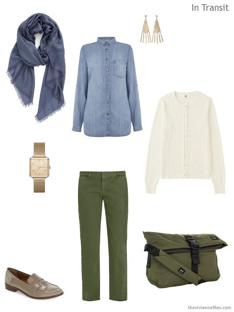 a travel outfit in denim, olive, and ivory