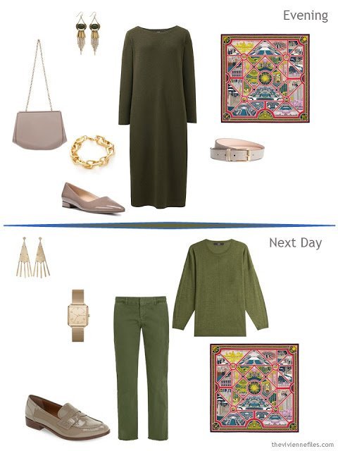 A weekend travel capsule wardrobe in a denim, ivory, and olive color palette