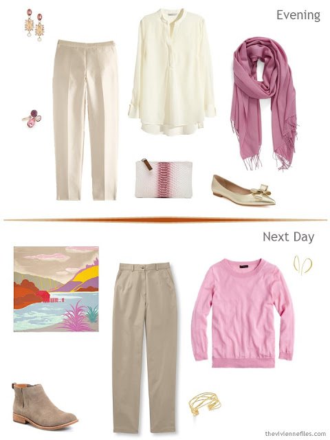 2 outfits taken from a Tote Bag Travel plan in orange, rose and sand for a travel capsule wardrobe