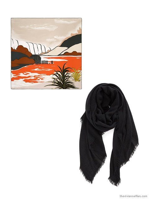 Two class travel scarves in orange, black, and sand