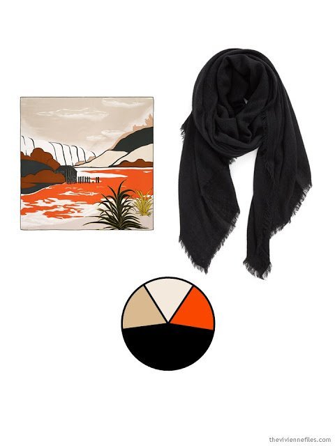 two classic scarves, in orange, black, and sand