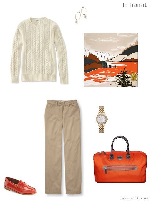 A travel wardrobe in orange, black, and sand