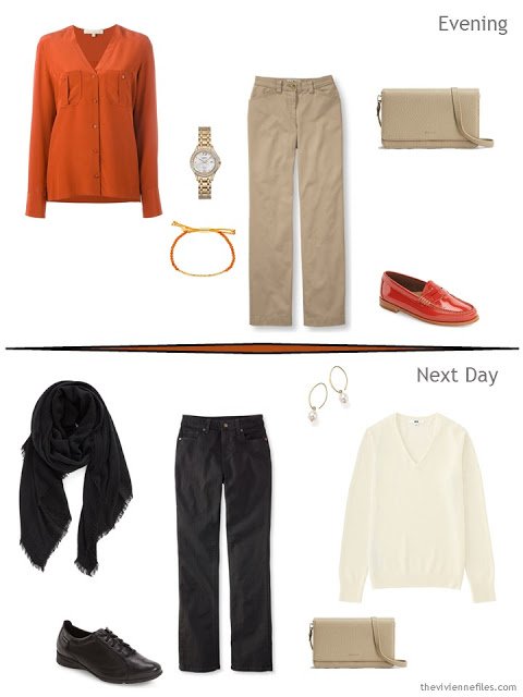 2 outfits taken from a Tote Bag Travel plan in orange, black, and sand for a travel capsule wardrobe