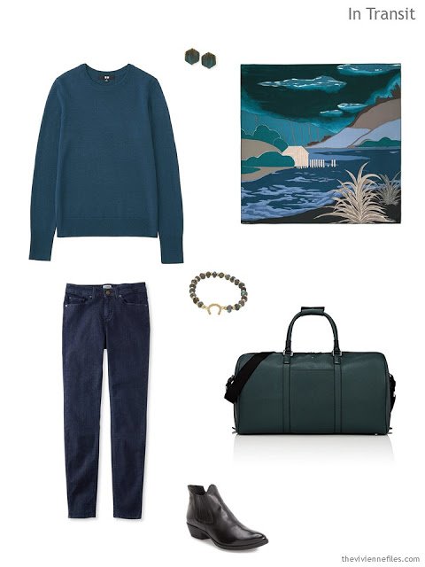 a travel outfit in shades of blue and green