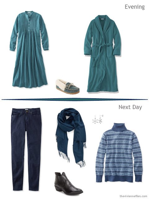 2 outfits from an Tote Bag Travel plan in jade and teal in a travel capsule wardrobe